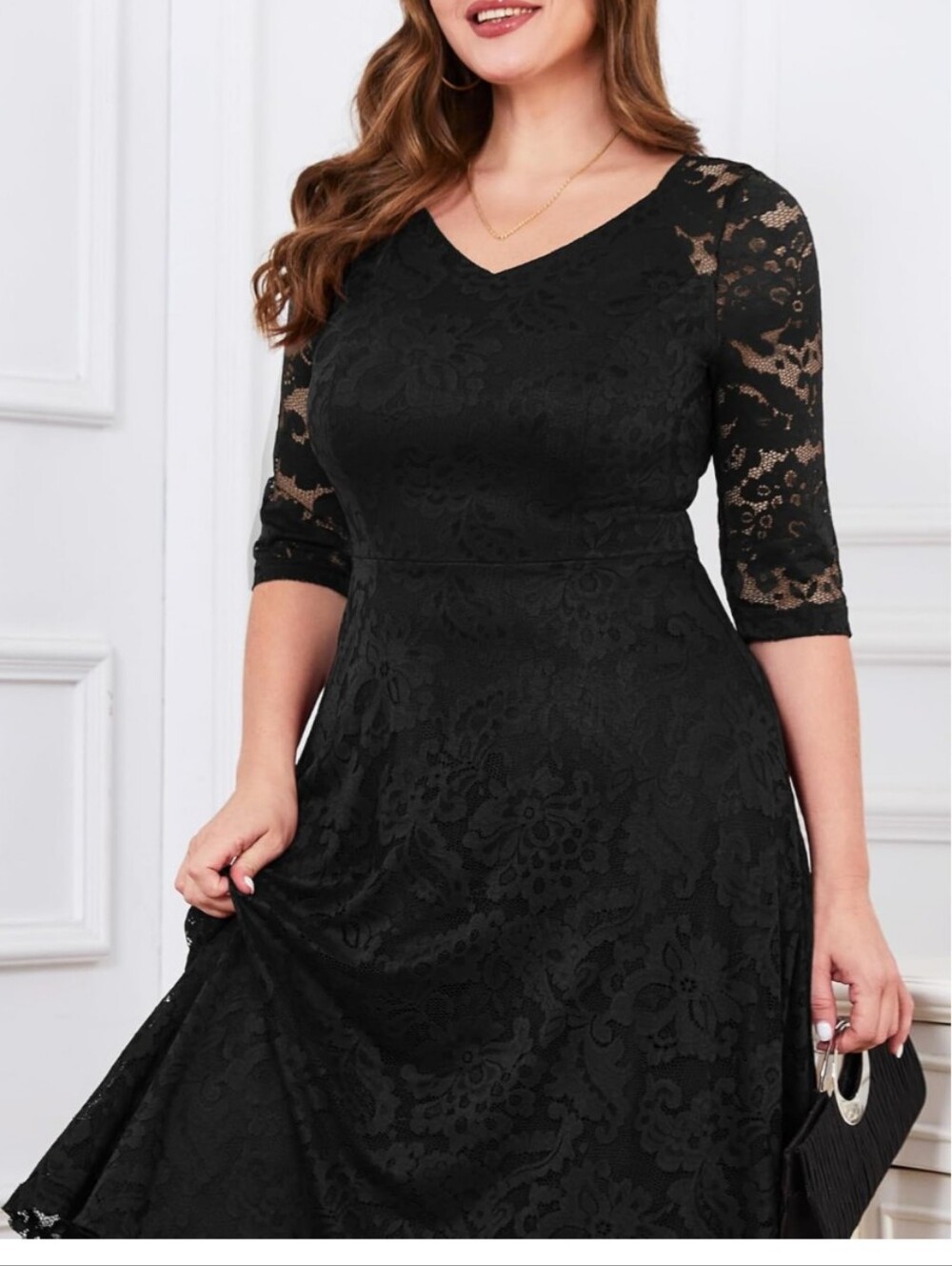 Black Lace V-Neck Midi Dress Pleated Drop Waist Skirt Lined Size M Candalite LBD